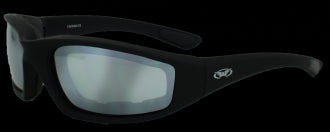 Riding Glasses - Kickback Style Riding Glasses with Mirror Lenses and Black Frames > Part #GL-KICK-MIRR
